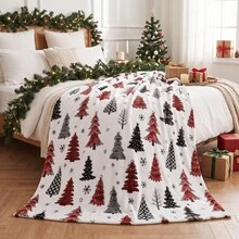 1pc Red & Black Plaid Christmas Tree Theme Digital Print Flannel Blanket - Modern Style, Soft & Comfortable Polyester Knit Fabric For All Seasons, Multi-Purpose, Suitable For Sofa, Bed, Travel, Camping, Chair, Gift Blanket - Multicolor - View 2