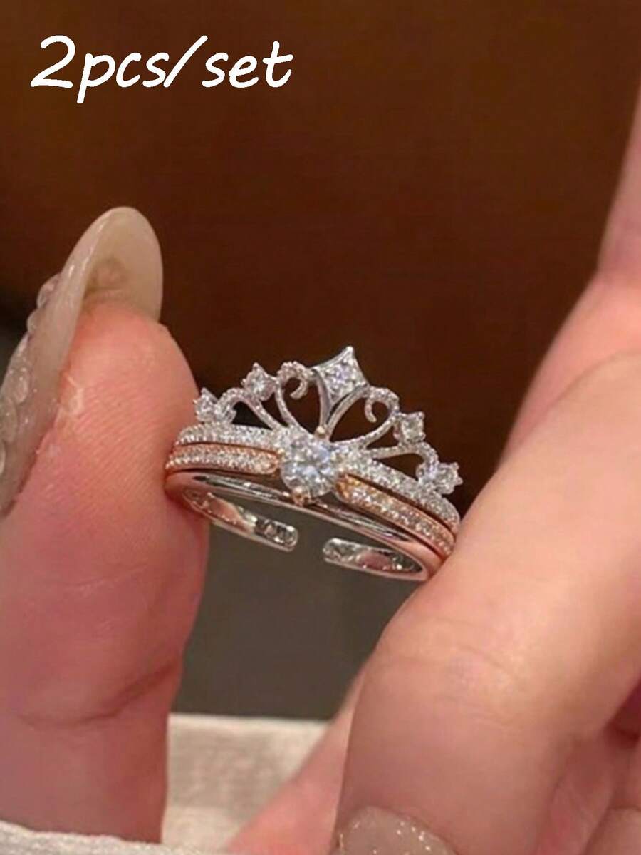 rundraw 2pcs Women's Rings, Multicolor Copper, Crown Inlaid CZ Design, Elegant And Exquisite Women's Jewelry Suitable For Wedding, Engagement, Holiday Gift - Multicolor - View 1