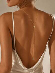XYHEALER 1pc Women's Backless Necklace, Gold Rhinestone Floral Back Ornament Necklace With Water Drop Pendant, Bridal Lanyard Back Jewelry, Suitable For Wedding Backless Dress - Gold - View 10