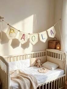 1pc Personalized Custom Name Banner, Handmade Crochet Yarn Letter Garland, Bohemian Style Neutral Linen Wall Hanging Decor Flag, Birthday Party Decoration, Customizable Multi-Color Name Triangle Pennant Bedroom Wall Decor, Souvenir Gift - Multicolor - View 7