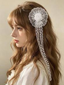 1pc Women's Lolita Lace Rose Ribbon Hair Accessory, Vintage Pearl Tassel Ruffle Hair Clip, Gothic Style Cosplay Photography Matching Headpiece - Multicolor - View 4