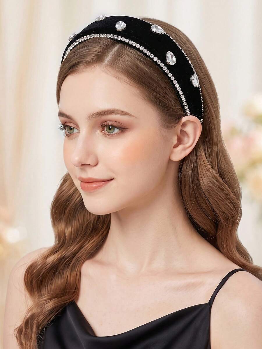 1pc Shiny Black Rhinestone Headband Fashion Bridal Hair Accessory For Wedding Party Casual Outing Date Women