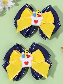 2pcs Back To School Bow Hair Clips,Soft Rubber Stationery Decor,Kids Cute Playful Hair Accessories For First Day Of School/Daily Classroom Fun - Multicolor - View 8