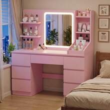Devoko Modern Dressing Table With LED Mirror, 3 Light Colors And Dimmable Brightness, Vanity Table With 7 Drawers, Open Shelves And Optional Stool, Dressing Cabinet For Bedroom, White/Black/Pink/Vintage - Pink - View 2