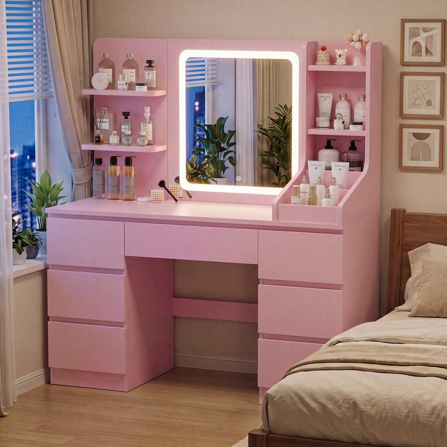 Devoko Modern Dressing Table With LED Mirror, 3 Light Colors And Dimmable Brightness, Vanity Table With 7 Drawers, Open Shelves And Optional Stool, Dressing Cabinet For Bedroom, White/Black/Pink/Vintage