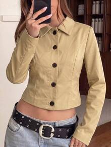 Women's Khaki Lapel Long Sleeve Short Shirt Jacket, Non-Stretch Woven Fabric, Create Eye-Catching Casual Look - Apricot - View 4