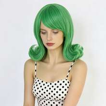 Vintage Style Bright Green Retro Flip‑Out Bob Synthetic Wig, Shoulder‑Length With Side Bang Heat‑Resistant Wig For Halloween Costume Themed Party Dress‑Up Cosplay & Holiday - Green - View 4