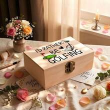 Wooden Storage Box With Natural Wood Grain Pattern, Featuring "I'd Rather Be Playing Golf" Text And Golf Club And Flag Print, Suitable For Golf Enthusiasts Men And Women - Multicolor - View 3