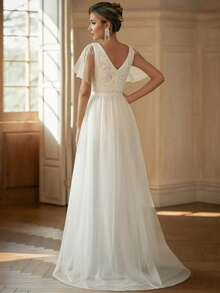 Elegant White V-Neck Bridesmaid Dress, Beaded Lace Bodice Design, With Flutter Sleeves, Suitable For Vacation, Wedding, Birthday, Party, Homecoming, - White - View 10