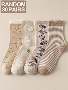 1/4 Pairs Beige Lace Ruffled Rabbit Print Stripe Pattern Breathable Cute Elastic Casual Student Moisture-Wicking Mid-Calf Socks For Women, Suitable For Easter, Fall - Multicolor - View 12