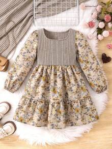 Girls Autumn Bohemian Style Square Neck Long Sleeve A-Line Floral Dress, Doll Dress For Back To School, Party, Autumn Outing, Fashion Item - Multicolor - View 2