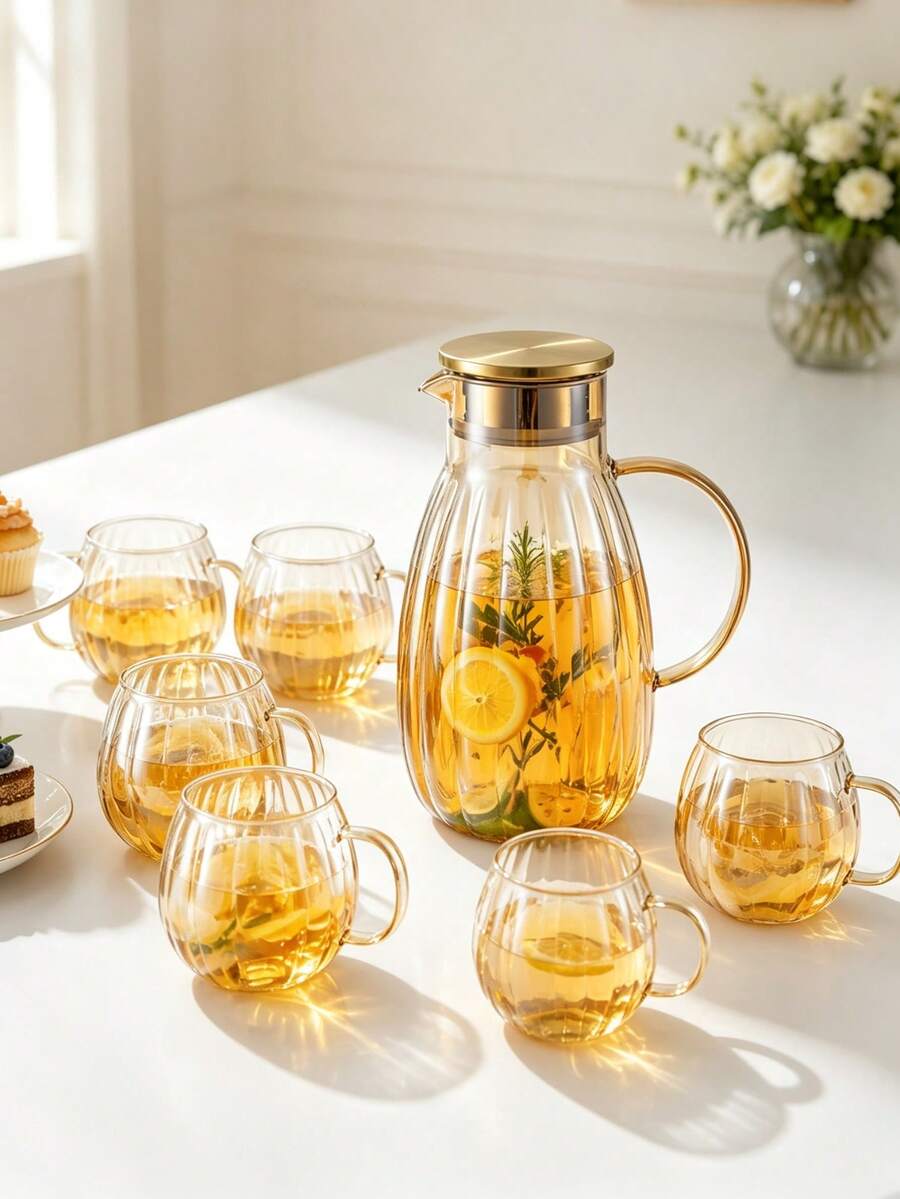 Amber Ribbed Glass Pitcher And Cup Set,1800ML Large Capacity Water Carafe With Gold Lid,6Pcs 430ML Transparent Glass Mugs,Heat-Resistant Beverage Jug For Tea, Juice, Cold Water,Home Tabletop Drinkware For Kitchen & Party - Multicolor - View 1
