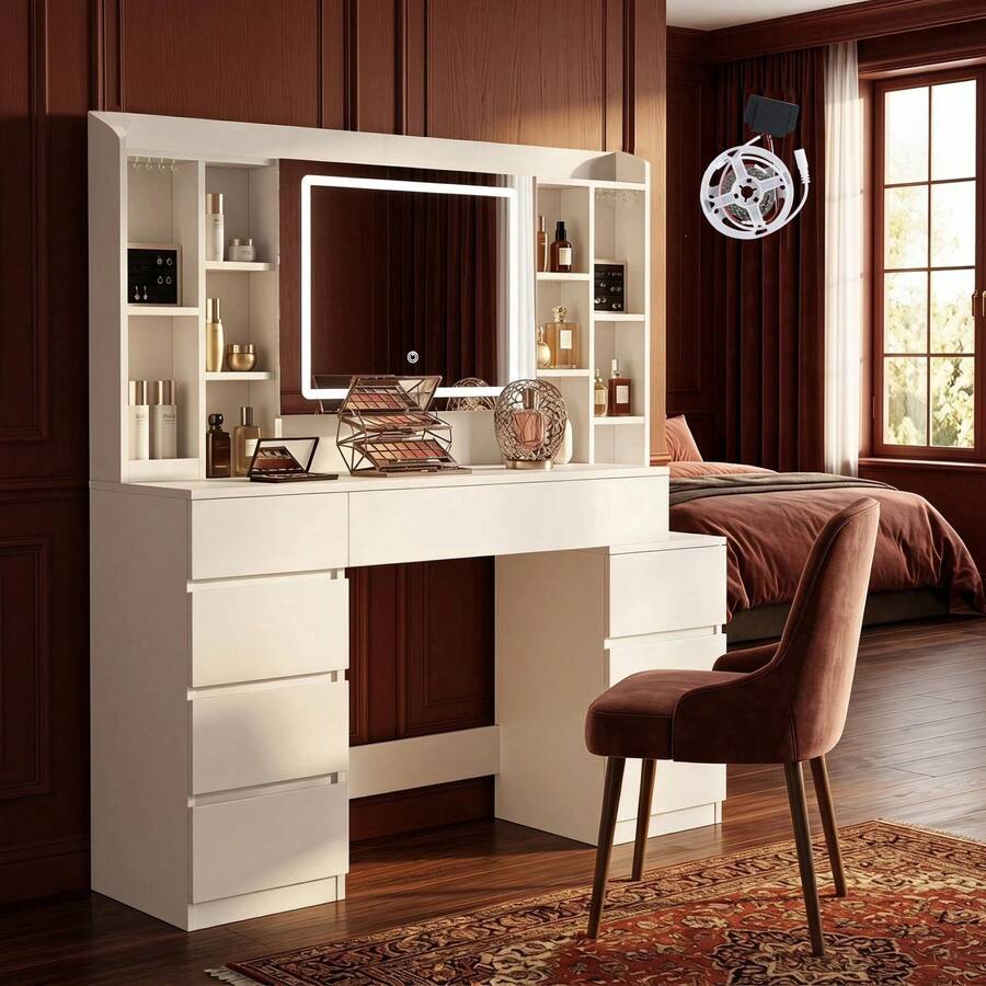 HaluPeit Dressing Table With LED Mirror And Storage Compartments, 8 Drawers For Large Capacity, 120cm White Bedroom Dressing Table. - White - View 1