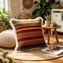1PC Bohemian Printed Pillow Cover With Tassel Border, Double-Sided Decorative Pillowcase,Retro Color Striped Design, Home Decoration, Sofa, Bed, Bedroom,Christmas (Excluding Pillow Core)-Size Excludes 3cm Tassels - Multicolor - View 8