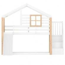 Bunk Bed With Slide And Stairs, Scandinavian Style Solid Wood Bed Frame With Safety Guard Rails, Built-In Storage, Space-Saving Design, EN 747-1:2024 Certified - White + Wood + Contemporary + Mid-century Modern + - View 7