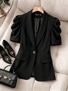 HOMEYEE Blazer Wanita Elegan dari Kain Tenun, Jaket Lengan Pendek Warna Polos dengan Detail Kancing, Sempurna untuk Menciptakan Tampilan Modis - Hitam - View 5