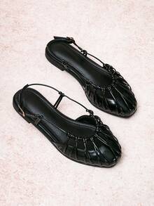 Women Round Toe Knotted Multi Strap Slingback Flats, Breathable Hollow Cutout, Soft Non-Slip Sole, Stylish Summer Sandals For Daily Wear & Shopping - Black - View 8