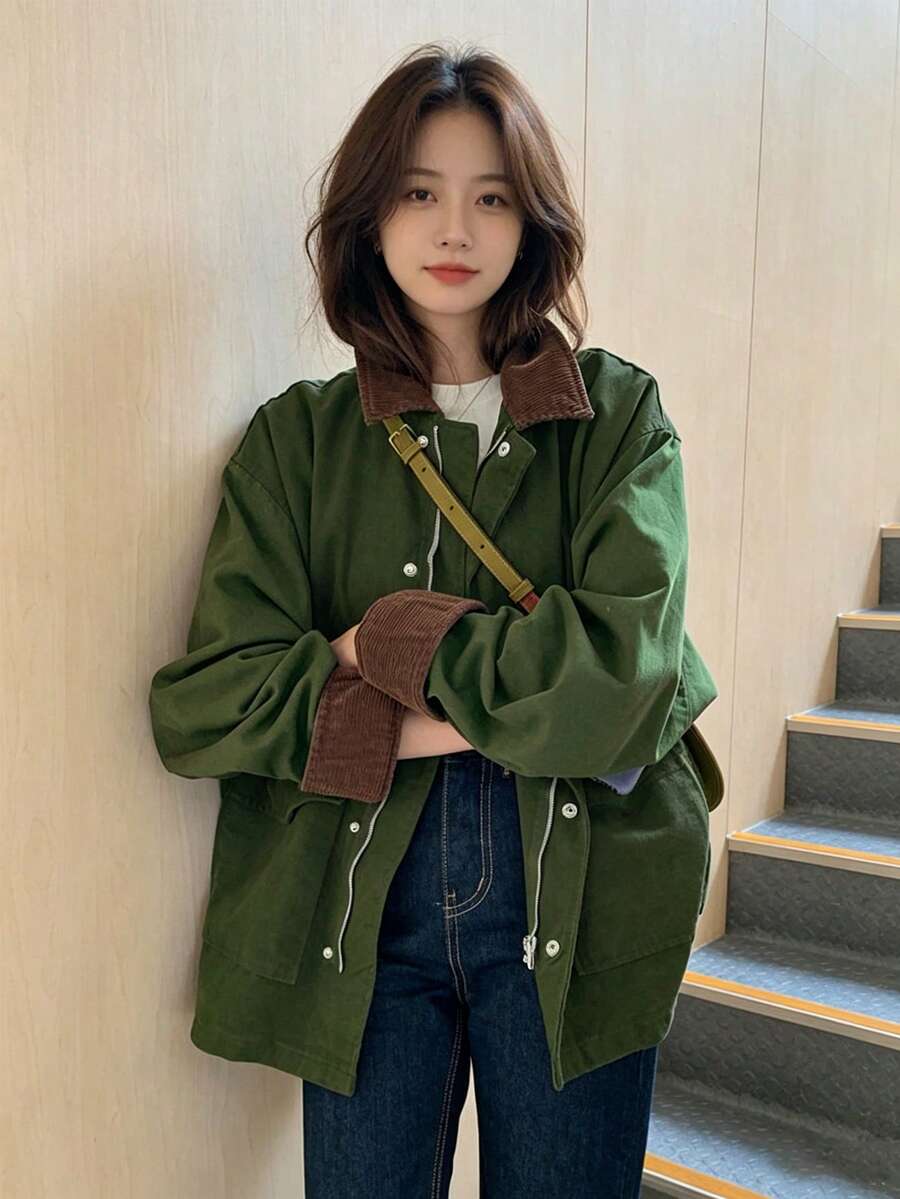 YCYC 韓系工裝風女款短夾克 春秋青春感寬鬆設計 BF 風百搭上衣外套 - 軍綠色 - 查看 1