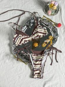 Women's Vintage Printed Striped Bikini Swimsuit, Casual Fashion Vacation Set, Beach Summer Style - Yellowish Brown - View 4