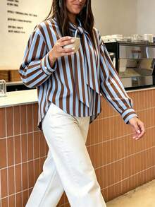 Plus Size New Vintage Colorblock Vertical Striped Bowknot Loose Fit Long Sleeve Blouse, Flattering Commuter Versatile Top - Blue-brown - View 5