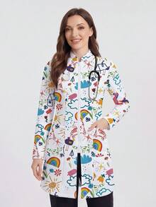 Bata de laboratorio con estampado y cremallera delantera con doble bolsillo para mujer - Blanco - Ver 4