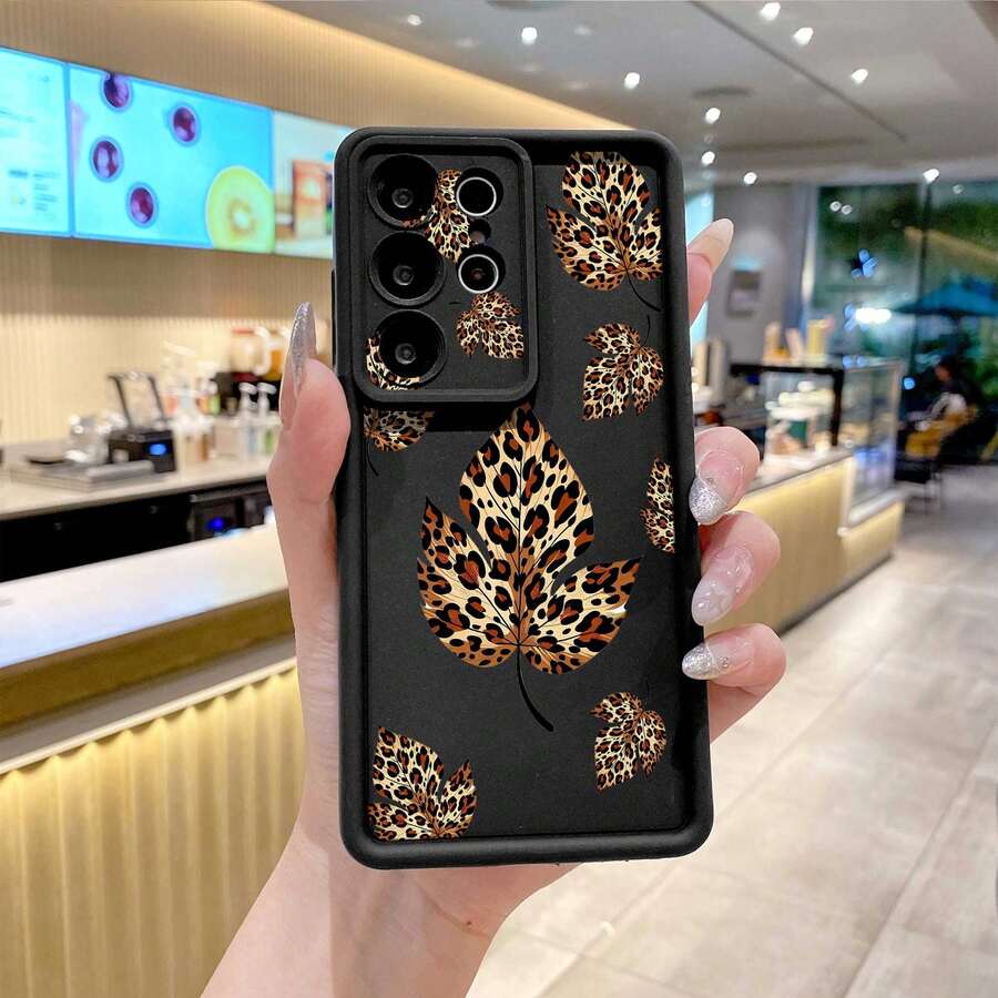 1pc Premium Autumn Leopard Print Maple Leaf Pattern TPU Phone Case, Unisex And Versatile, Compatible With Samsung Galaxy S26 Ultra/S25/S24/S23/ A3X 4G/A60/A40/ Reno7 4G/ Moto G30/G20/G10/ Note 13 Pro/ Smart 8/ItelA70. A Pure Android Phone Case Series. - Black - View 1
