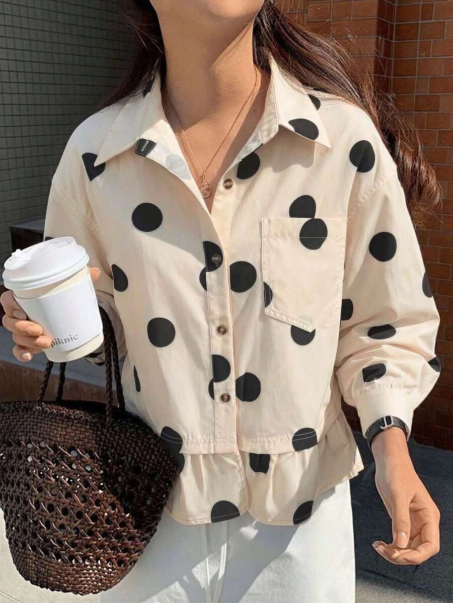 Women's Polka Dot Print Ruffle Hem Button Shirt, Casual Loose Long Sleeve Lapel Collar Blouse With Pockets, Spring Autumn Daily Wear