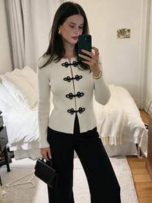 Cardigan Rajut Leher Bulat Musim Gugur Terbaru untuk Wanita, Desain Elegan, Kasual untuk Perjalanan Sehari-hari - Putih - View 3