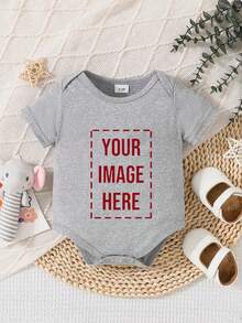[Custom] Baby Short Sleeve Romper, Unisex Infant, Customizable Name Print In Simple Frame, Round Neck Soft Fabric, Versatile Casual Jumpsuit, Durable & Washable - Grey - View 1
