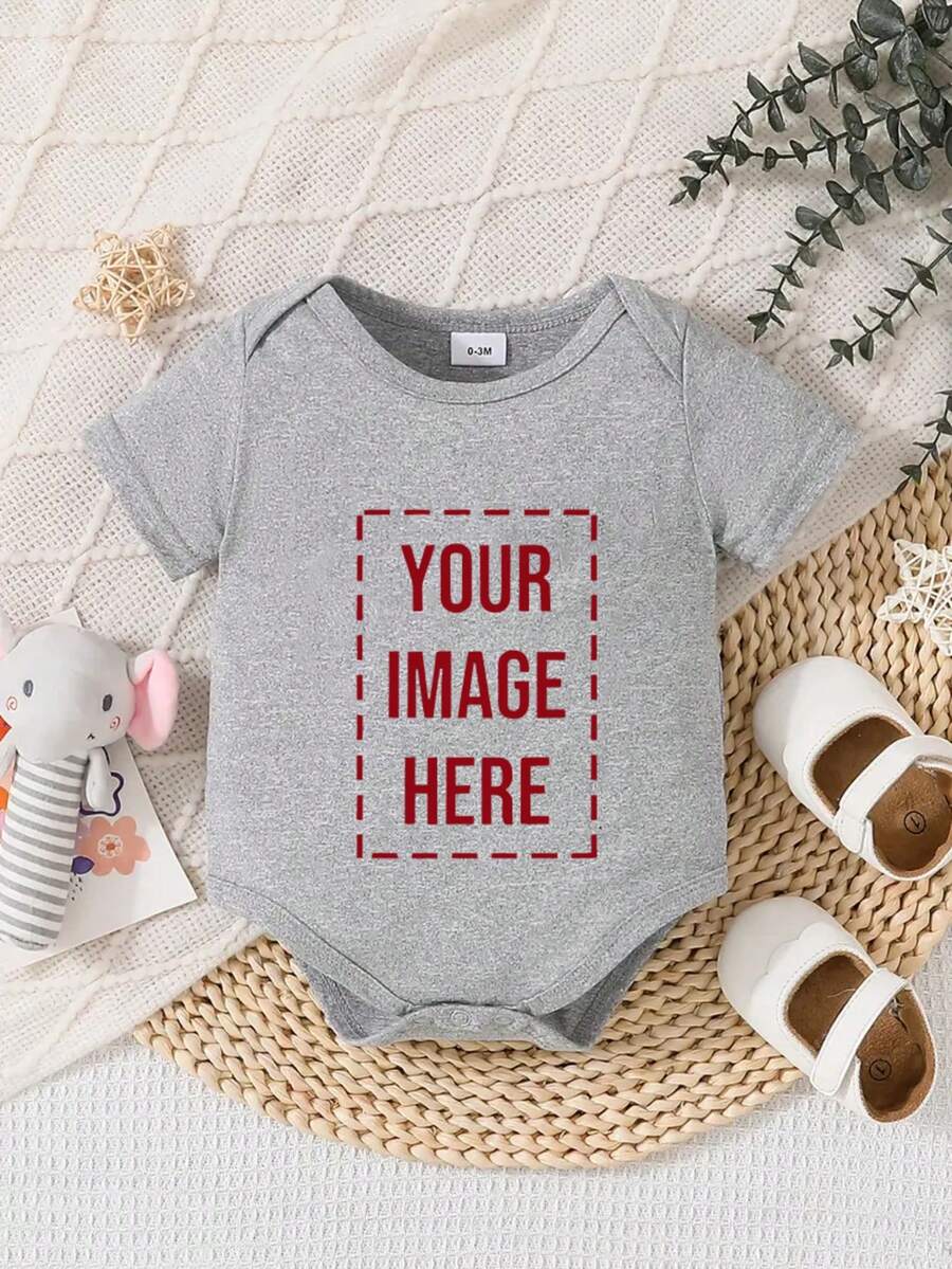 [Custom] Baby Short Sleeve Romper, Unisex Infant, Customizable Name Print In Simple Frame, Round Neck Soft Fabric, Versatile Casual Jumpsuit, Durable & Washable - Grey - View 1
