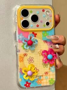 Cute Dopamine 3D Flower Camera Lens Protective Phone Case Compatible With IPhone 18 Pro Max 18 Pro 17 Pro Max 17 Pro 16 Pro 16 Pro Max 15 Pro Max 15 Pro 14 Pro Max 14 Pro 13 Pro Max 13 15 17 16 Design Fashionable Plaid Pattern Cover Durable Shell - Colored Flowers - View 2