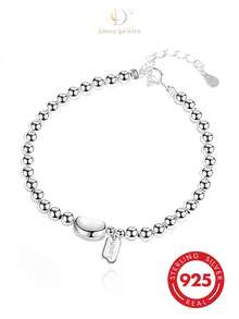 1pc Luxury Basic S925 Sterling Silver Polished Small Round Bead Bracelet With Crescent-Shaped Bean Bead + Rectangular Engraved Pendant, Women's Atmospheric Accessory - Silver - View 8