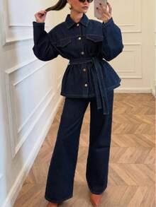 Women's Solid Color Belted Front Button Long Sleeve Top And Jeans Pants Set - Navy Blue - View 2
