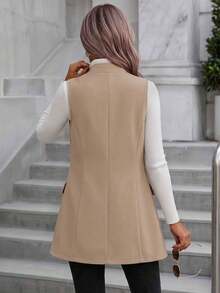 Rompi Tanpa Lengan Wanita Musim Gugur/Dingin Elegan Minimalis Kerah Tegak Kecil Saku Palsu Warna Polos Kasual untuk Perjalanan Sehari-hari Kancing Depan Campuran Wol - Khaki - View 4