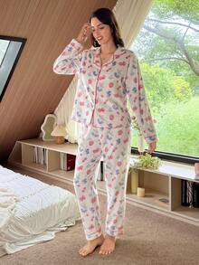 Women's Plush Strawberry & Blueberry Print Pajama Set, Fluffy Long Sleeve Top + Pants, Comfortable Autumn/Winter Outfit - White - View 3