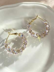 1 Pair Luxury Shiny Cubic Zirconia Hoop Earrings Suitable For Women's Party And Holiday Wear - Yellow Gold - View 6