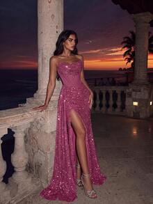 ADYCE Elegant Tube Top Sequin High Waist Ruched Tie-Back Backless High-Slit Fishbone Floor-Length Evening Gown Prom Homecoming Wedding Guest Party Fall - Dusty Pink - View 6