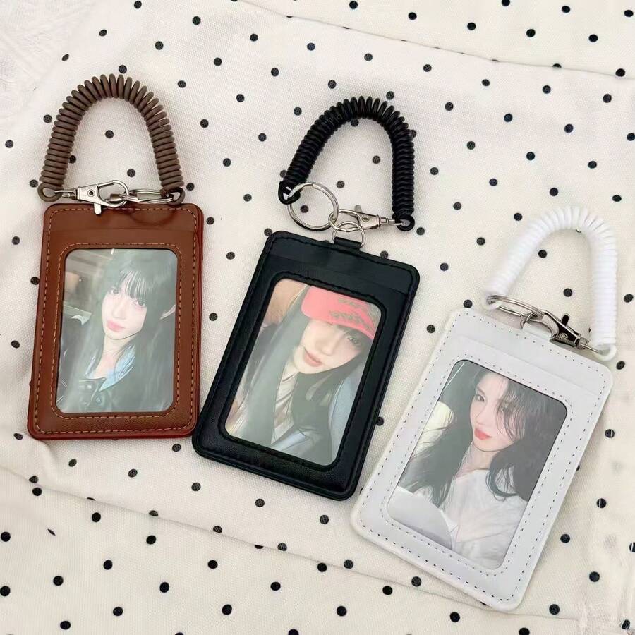 Minimalist PU Card Holder, Simple And Elegant Exclusive Design, Portable, Can Hold Bus Card, IC Card, Work Card, ID Badge, Comes With A Detachable Retractable Chain, Key Chain With Adjustable Length - A - View 1