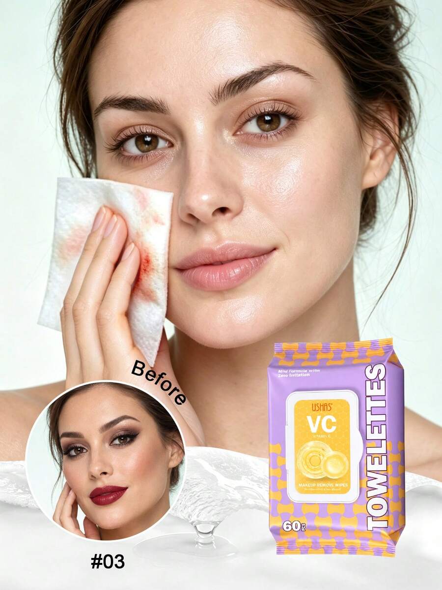 USHAS Makeup Remover Wipes, 60pcs Disposable Facial Cleansing Towelettes, 4 Kinds Of Nutritious Ingredients, Mild Non-Irritating, Easily Remove Waterproof Lip & Eye Makeup, Portable Makeup Removing Wipes - #03 - View 1