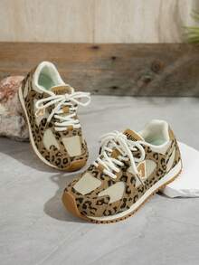 1 Pair Girls Leopard Print Athletic Shoes, Retro Running Sneakers, Mesh ...
