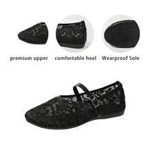Vintage Floral Embroidered Mesh Women Flats, Patent Leather Trimmed Vamp, Adjustable Buckle Strap, Versatile Mary Jane Flats For Daily Commuting - Black - View 3