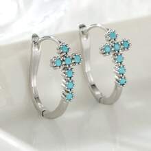Bohemian Round Hoop Artificial Turquoise Earrings, Exquisite Daily Date Fashion Accessory For Women - Silver - View 3