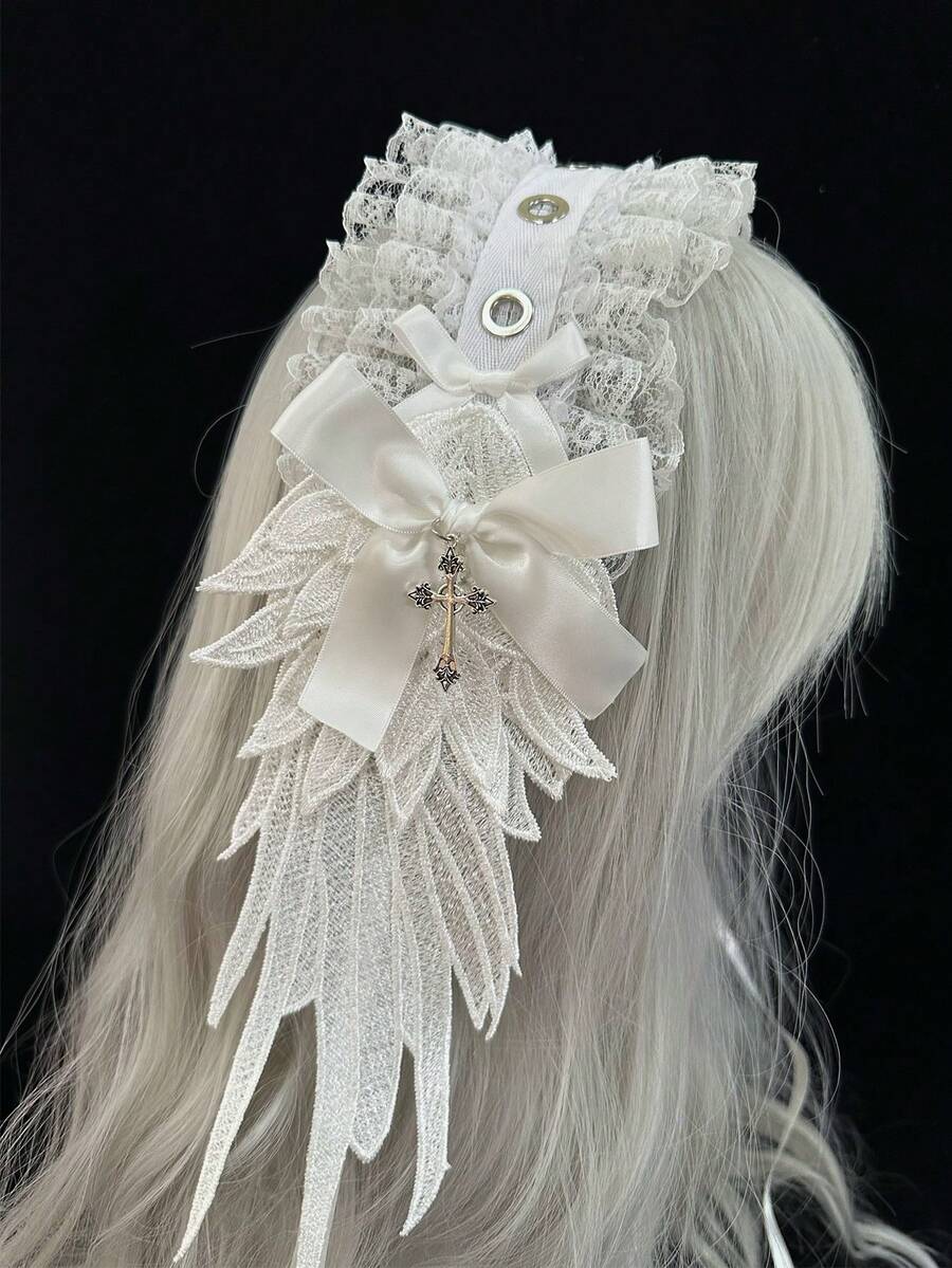 1件復古天使之翼髮箍 優雅蕾絲蝴蝶結緞帶蘿莉塔髮箍 女款時尚Cosplay髮飾 - 彩色 - 查看 1