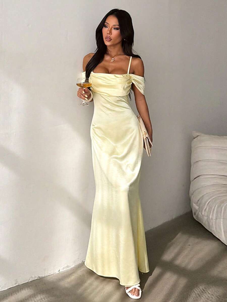 1pc Solid Color Elegant Knit Fabric Dress For Wedding Autumn - Yellow - View 1