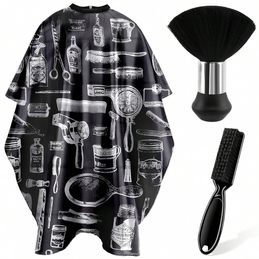 3pcs Barber Cape Set, Includes Neck Dust Brush And Hairbrush, Professional Hair Salon Styling Cleaning Accessories - Multicolor - View 1