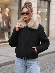Women's Cropped Aviator Jacket With Artificial Fur Collar, Zip And Snap Fastening - Black - View 2