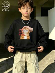 Kids' Cute Cat Print Pullover Sweatshirt, 'To Be Loved Like This' Red Text, Loose Fit Round Neck Long Sleeve, - Black - View 5
