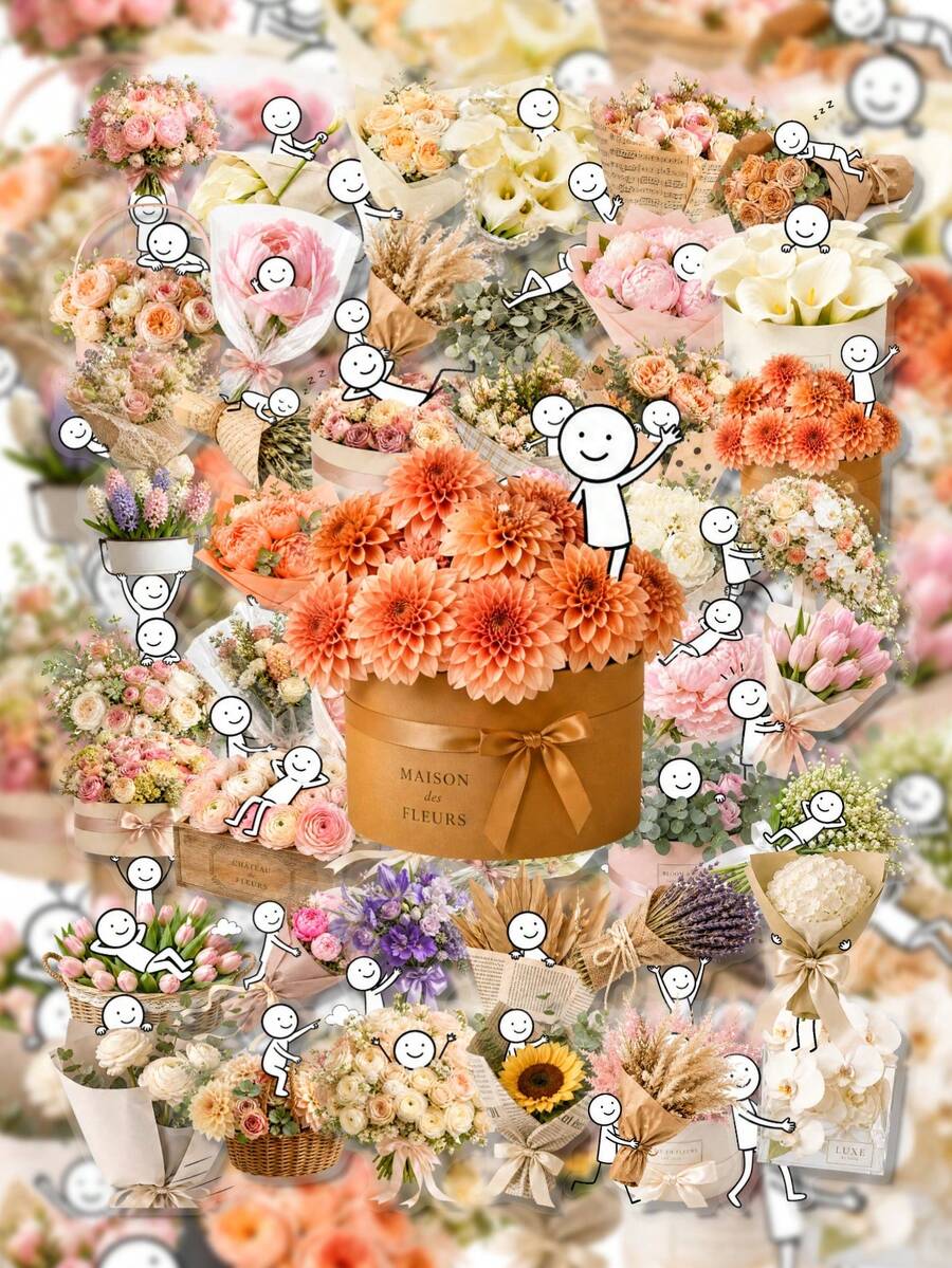 50Pcs PET Little Happiness In Bouquet Stickers, Fresh Bouquet Healing Style, Including Rose Bouquets, Carnations, Tulips, Sunflowers, Small Flower Baskets, Gift Boxes, Bows, Hearts, Flower Elements, For Tablet, Notebook, Storage Box, DIY Craft Decor - Multicolor - View 1