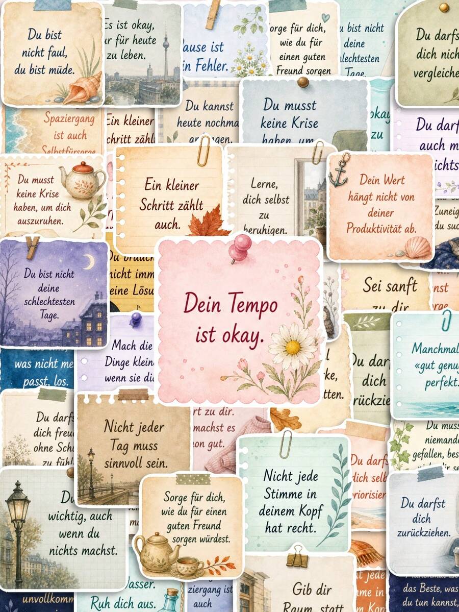 50 Peças Adesivos de Notas de Autocuidado Alemão em PP, Textura de ...