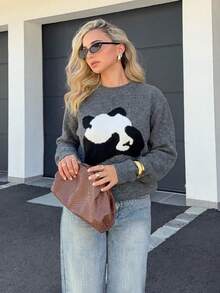 1pc Cartoon Panda Colorblock Round Neck Jacquard Design Cute Loose Fit Casual Knit Pullover Sweater Top For Women - Grey - View 11